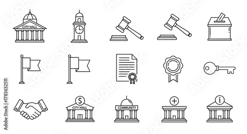 City hall building line icon set, outline vector sign, linear style pictogram, vector illustration on white background. Ordered line icon set on white background. Collection of symbols for