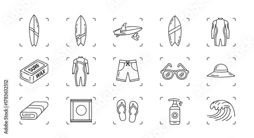 Collection of thin line icons representing surfing and beach essentials, including surfboards, wetsuits, surf wax, shorts, sunglasses, hats, towels, flip-flops, sunscreen, and waves, perfect for web