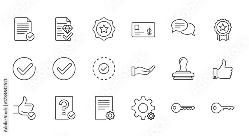Approved and certified thin line icon set, containing validation, quality, agreement, badge, medal, license, checkmark, selection, accept, stamp, thumbs up, hand, gears, keys, and question mark