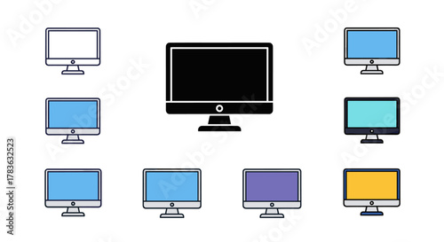 Collection of computer monitors in various styles and colors, including outline, glyph, and filled versions, showcasing different screen colors like blue, cyan, purple, and yellow, perfect for