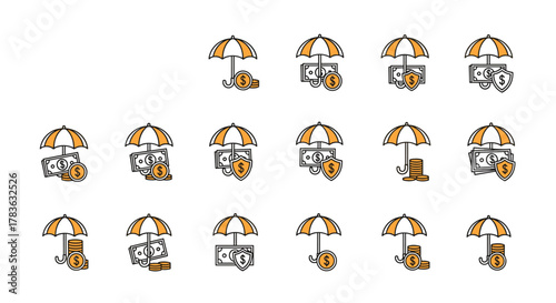 Collection of flat design icons representing financial security and protection, featuring umbrellas shielding money, coins, and shields with dollar signs, symbolizing insurance and wealth