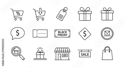 Discount line icon set featuring sale, percentage, price reduction, Black Friday, coupon, purchase, shop, store, promotion, shopping cart, gift box, tag, dollar sign, and more. Outline icons