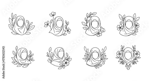 Set of eight elegant line art illustrations featuring women wearing hijabs adorned with delicate floral and leaf motifs, presented as a clean, ordered vector cartoon icon set on a white background