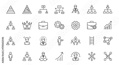 A comprehensive set of thin line icons representing organizational hierarchy, leadership, and management concepts, featuring editable strokes and a minimalist design on a clean white background