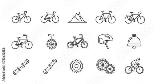 Collection of modern and editable bicycle icons isolated on a clean white background, featuring various types of bicycles, unicycles, mountain scenery, cycling helmets, bicycle chains, gears, wheels