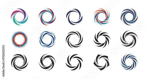 Set of 15 abstract swirling circular logo designs and icons, featuring dynamic wave lines and spin effects in various color palettes including gradients, monochrome, and multi-color combinations