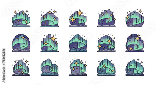 Set of 15 stylized vector cartoon illustrations depicting the aurora borealis with glowing stars, set against a clean white background, perfect for logos and icons, showcasing vibrant green and