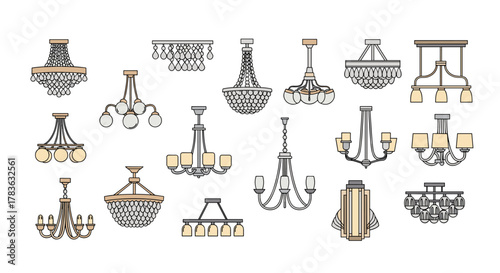Collection of diverse chandelier and lustre vector illustrations, presented in a clean, ordered line icon set on a white background, showcasing a variety of elegant lighting fixtures for interior