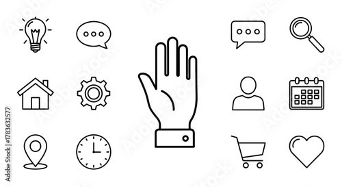A clean and modern line art vector illustration featuring a set of essential icons on a white background, including a raised hand, lightbulb, speech bubble, magnifying glass, house, gear, user