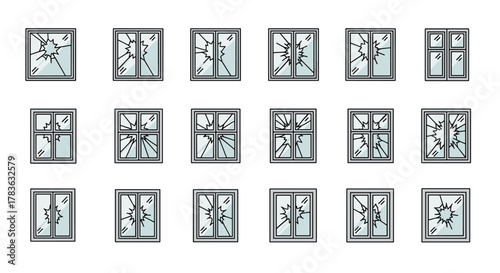 Collection of minimalistic linear pictograms depicting broken windows with shattered glass, representing damage, accidents, or security breaches, suitable for web, graphic design, apps, banners, and