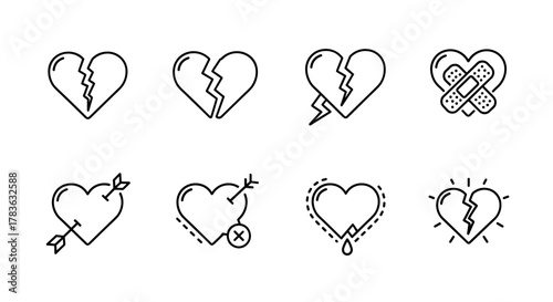 Collection of broken heart line icons, symbolizing heartbreak, sadness, and emotional pain. Includes cracked hearts, hearts pierced by arrows, bandaged hearts, and hearts with 'X' marks, representing
