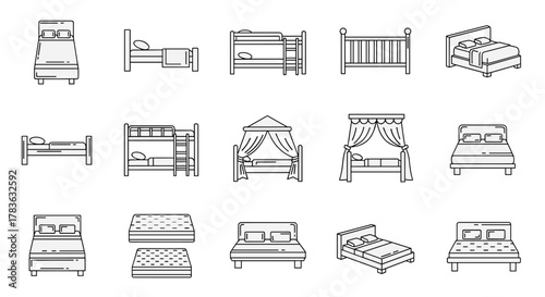 Collection of simple linear outline icons representing various types of beds and mattresses, including bunk beds, canopy beds, cribs, and double beds, perfect for web, apps, and print design.