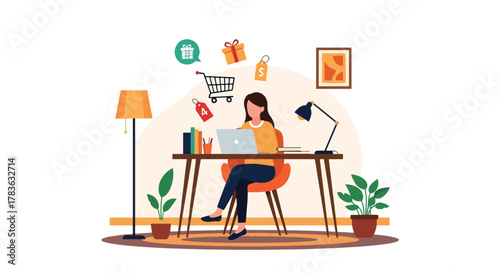Flat vector of woman browsing an online store on laptop, product cards floating and shopping cart icon highlighted. Modern clean illustration in solid colors, ideal for e-commerce landing pages