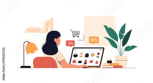 Flat vector of woman browsing an online store on laptop, product cards floating and shopping cart icon highlighted. Modern clean illustration in solid colors, ideal for e-commerce landing pages