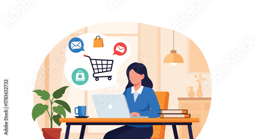 Flat vector of woman browsing an online store on laptop, product cards floating and shopping cart icon highlighted. Modern clean illustration in solid colors, ideal for e-commerce landing pages