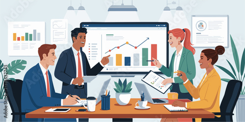 Diverse business team collaborating around a table with charts business meeting collaboration