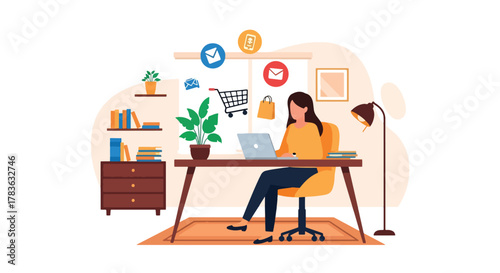 Flat vector of woman browsing an online store on laptop, product cards floating and shopping cart icon highlighted. Modern clean illustration in solid colors, ideal for e-commerce landing pages