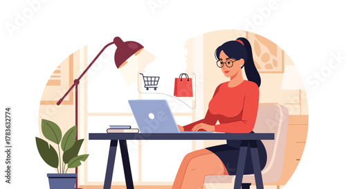 Flat vector of woman browsing an online store on laptop, product cards floating and shopping cart icon highlighted. Modern clean illustration in solid colors, ideal for e-commerce landing pages