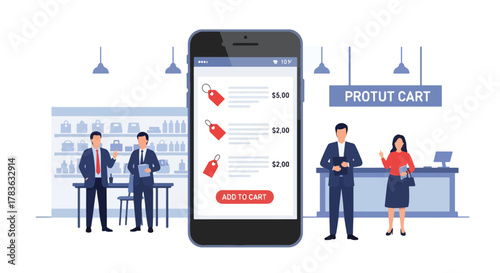 Flat vector of large smartphone displaying product listing cards with user tapping “add to cart”. Bold solid-color illustration, ideal for app UI, mobile commerce banners