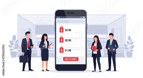 Flat vector of large smartphone displaying product listing cards with user tapping “add to cart”. Bold solid-color illustration, ideal for app UI, mobile commerce banners