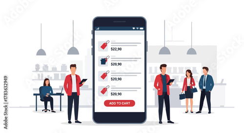 Flat vector of large smartphone displaying product listing cards with user tapping “add to cart”. Bold solid-color illustration, ideal for app UI, mobile commerce banners