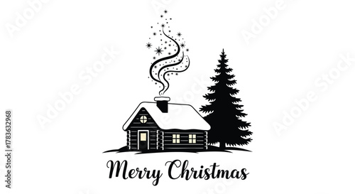 Cozy log cabin with snow covered roof and christmas tree with sparkling smoke and merry christmas text