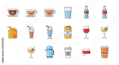 A vibrant collection of line art icons representing various beverages, including coffee cups, tea cups, juice boxes, milkshakes, soda cans, wine glasses, cocktails, water bottles, thermoses, and