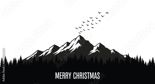 Silhouette of majestic snow capped mountains and pine forest with flock of birds flying above and merry christmas text