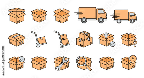Collection of flat outline icons representing various aspects of shipping and delivery services, including open and closed cardboard boxes, delivery trucks, hand trucks, and symbols for tracking