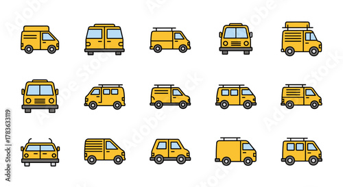 Collection of vibrant, minimalistic yellow van icons in filled color style, featuring linear pictograms perfect for web design, graphic design, app interfaces, banners, social networks, and cards