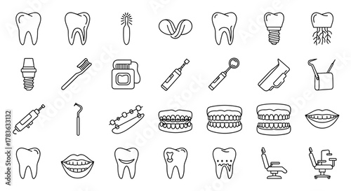 Collection of teeth-related line icons, featuring dental implants, toothbrushes, dental floss, electric toothbrushes, dental mirrors, dental drills, dental probes, braces, dentures, healthy and