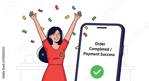 Flat vector happy buyer celebrating “Order Confirmed” screen with receipt and checkmark badge. Clean solid-color illustration, ideal for email marketing, order success pages, and tracking messages