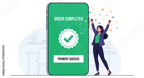 Flat vector happy buyer celebrating “Order Confirmed” screen with receipt and checkmark badge. Clean solid-color illustration, ideal for email marketing, order success pages, and tracking messages