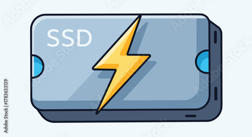 Vivid illustration icon representing a Solid State Drive (SSD) with a bright yellow lightning bolt symbolizing speed and performance, set against a clean, light blue background, perfect for