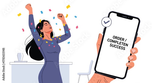 Flat vector happy buyer celebrating “Order Confirmed” screen with receipt and checkmark badge. Clean solid-color illustration, ideal for email marketing, order success pages, and tracking messages