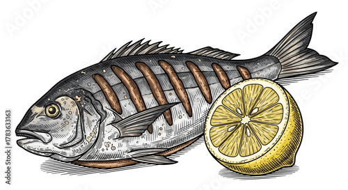Engraved illustration of a whole grilled fish with prominent grill marks and a vibrant, juicy lemon slice, presented in a retro, vintage style, perfect for culinary design, food packaging, and
