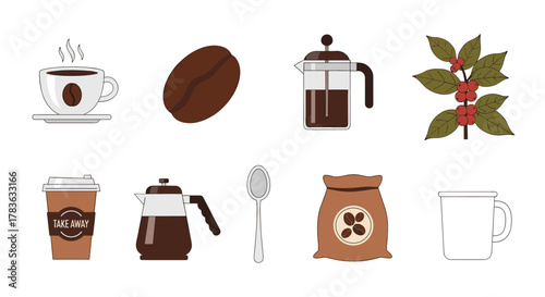 Collection of stylized coffee-related icons and illustrations, including a steaming cup, a large coffee bean, a French press, a coffee plant branch with berries, a takeaway cup, a coffee pot, a