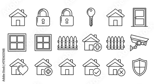 Collection of outline icons representing home security and property management, including houses, locks, keys, windows, doors, fences, security cameras, shields, and heart symbols, ideal for web