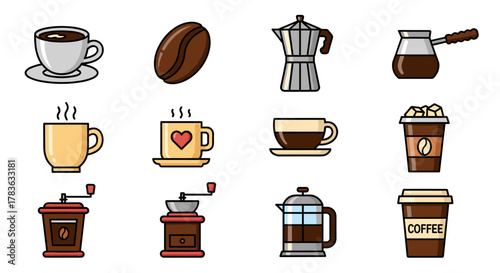 A delightful collection of coffee-themed icons, perfect for web, books, cards, and apps. This set features a variety of coffee-related items including cups, a coffee bean, a moka pot, a cezve, a