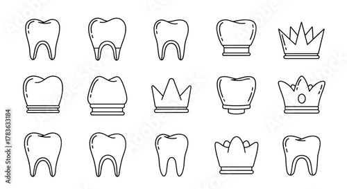 Set of minimalistic outline icons representing dental crowns and teeth, perfect for web design, graphic design, apps, banners, social networks, and cards. This vector cartoon illustration features