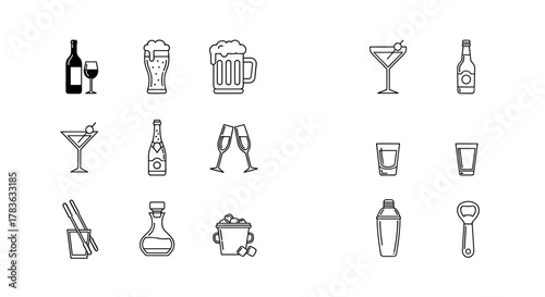 Set of black line icons representing various alcoholic drinks and bar accessories on a clean white background, including wine bottle and glass, beer mugs, champagne flutes, cocktails, shot glasses