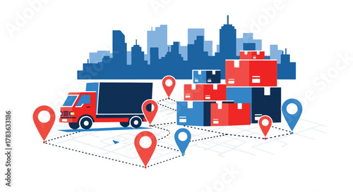 Flat vector delivery truck following dotted map route between location pins. Solid bright palette, ideal for delivery apps, shipping status pages, and logistics illustration