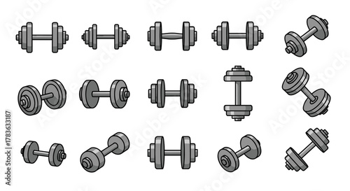 Collection of cartoon-style dumbbells in various orientations and weights, presented on a clean white background, perfect for fitness graphics, workout apps, and sports-themed designs. This set