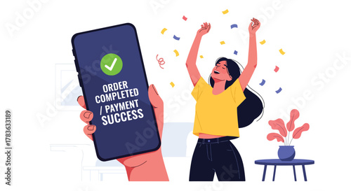 Flat vector happy buyer celebrating “Order Confirmed” screen with receipt and checkmark badge. Clean solid-color illustration, ideal for email marketing, order success pages, and tracking messages