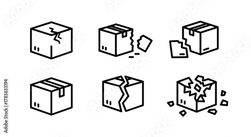 Set of six line art icons depicting damaged cardboard boxes, illustrating concepts of broken packages, shipping accidents, and delivery mishaps, presented on a clean white background for versatile