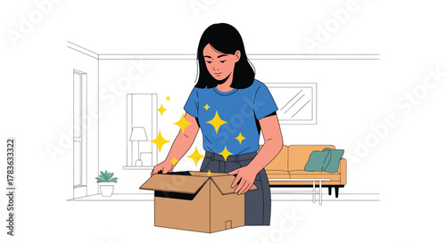 Flat vector customer opening package box while sparkles and light burst from inside. Clean solid pastel colors, ideal for email confirmation, delivery completed screens, and product showcase