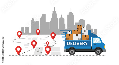 Flat vector delivery truck following dotted map route between location pins. Solid bright palette, ideal for delivery apps, shipping status pages, and logistics illustration