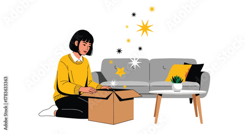 Flat vector customer opening package box while sparkles and light burst from inside. Clean solid pastel colors, ideal for email confirmation, delivery completed screens, and product showcase