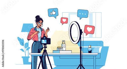 Flat vector influencer recording product review with camera, ring light, and floating engagement icons. Solid color palette, ideal for influencer marketing, product launch promotions, and social ads