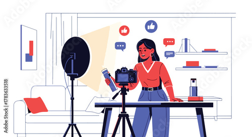 Flat vector influencer recording product review with camera, ring light, and floating engagement icons. Solid color palette, ideal for influencer marketing, product launch promotions, and social ads